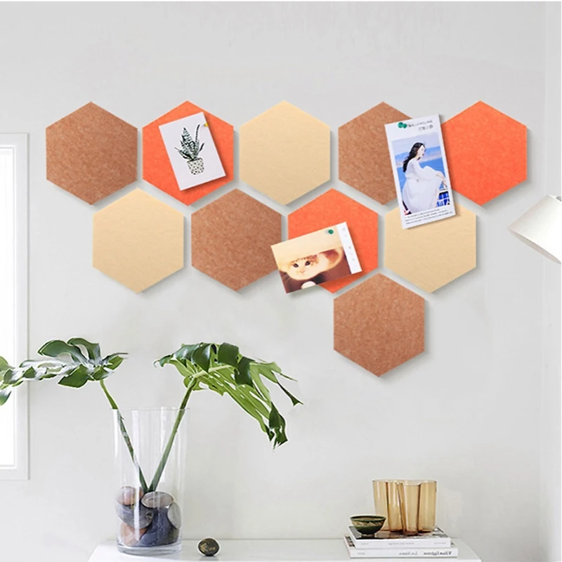 Tablón Anuncios hexagonal autoadhesivo, tablero fieltro 20cm diámetro, decoración pared fotos DIY para aula, cocina, dormitorio y cafetería