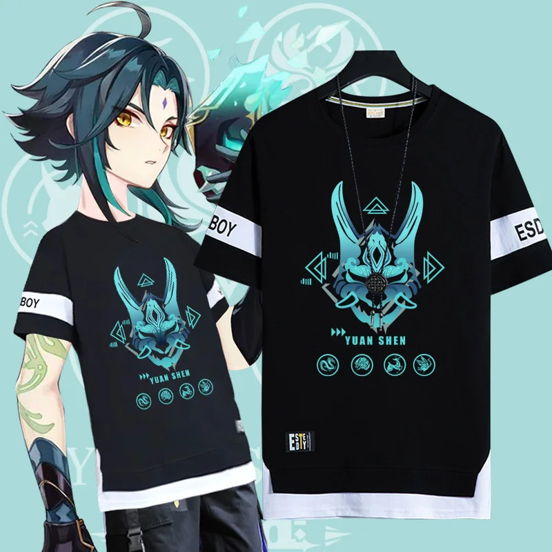 Mężczyzna Xiao Genshin wpływ Xiao Manga cosplay z krótkim rękawem bawełna modny T-shirt japonia Anime gra Tee topy odzież typu Oversized garnitury