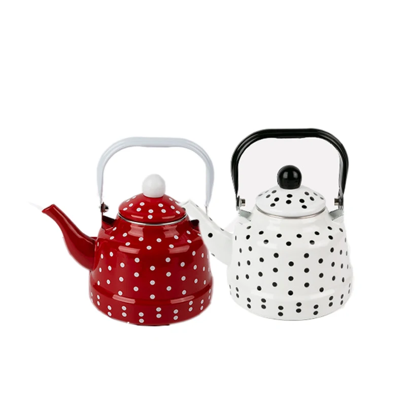 2.5L Polka-dot Enameled Kettle with Steel Handle Large Tea Coffee Pot