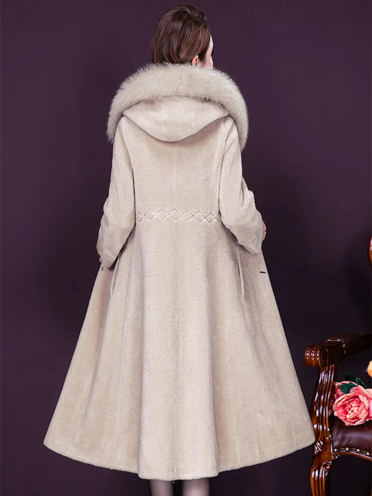 Women Sheep Shearing  Long Coat Winter 2024 Fashion Elegant Thicken Quilted Outerwear Hooded Fur Collar Wool Blends Tops Female