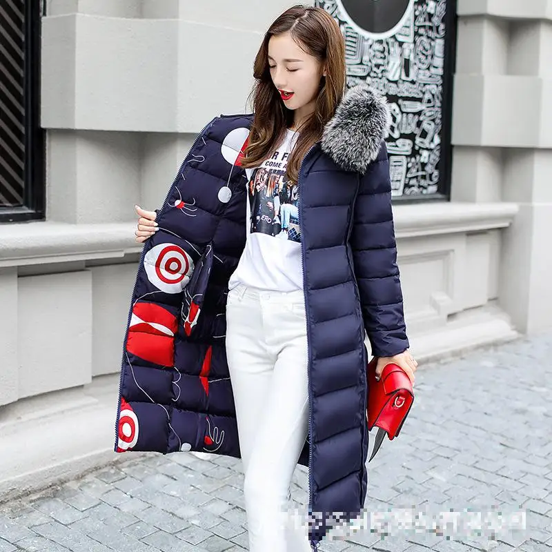 

Zuolunouba Winter Women Casual Cotton Clothes Print Harajuku Geometry Long Coat Loose Slim Harajuku Fur Collar Keep Warm Female