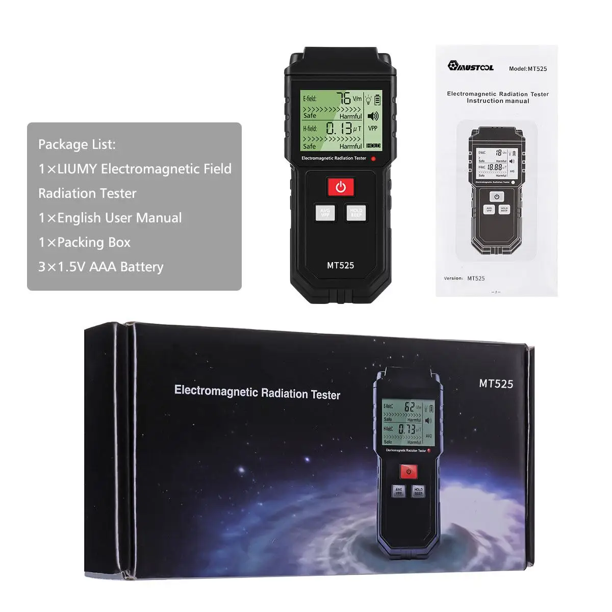 MUSTOOL MT525 Electromagnetic Radiation Tester Electric Field & Magnetic Field Dosimeter Tester Sound and Light Alarm