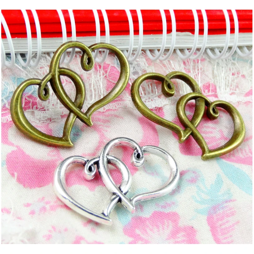 

30Pcs Double Heart Charms 32.2*22MM Antique Silver Plated Bronze Color Pendants DIY Jewelry Accessories