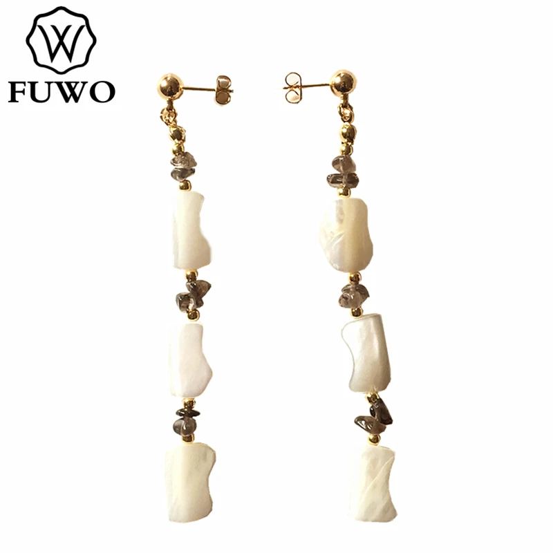 FUWO Natural Seashell Charm Earrings With Crushed Crystal Quartz Beads Women Wedding Jewelry 6 Colors ER525