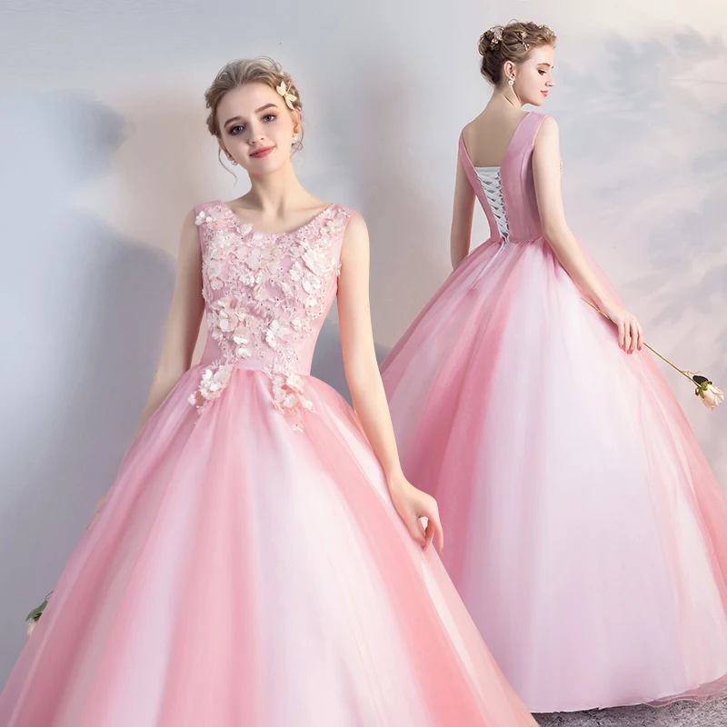 

Ball Gown V-Neck Quinceanera Dresses Sleeveless 3D Flower Appliques Vestidos Vintage Party Prom Sweet 16 years Lace up back
