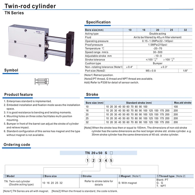 TN Doppelstangen-Geführter Pneumatikzylinder mit Doppelwelle, Nicht-Rotierend, 10 16 20 25 32 40mm Bohrung, Doppeltwirkend, Eingebauter Magnet, DMSJ – Detail 6