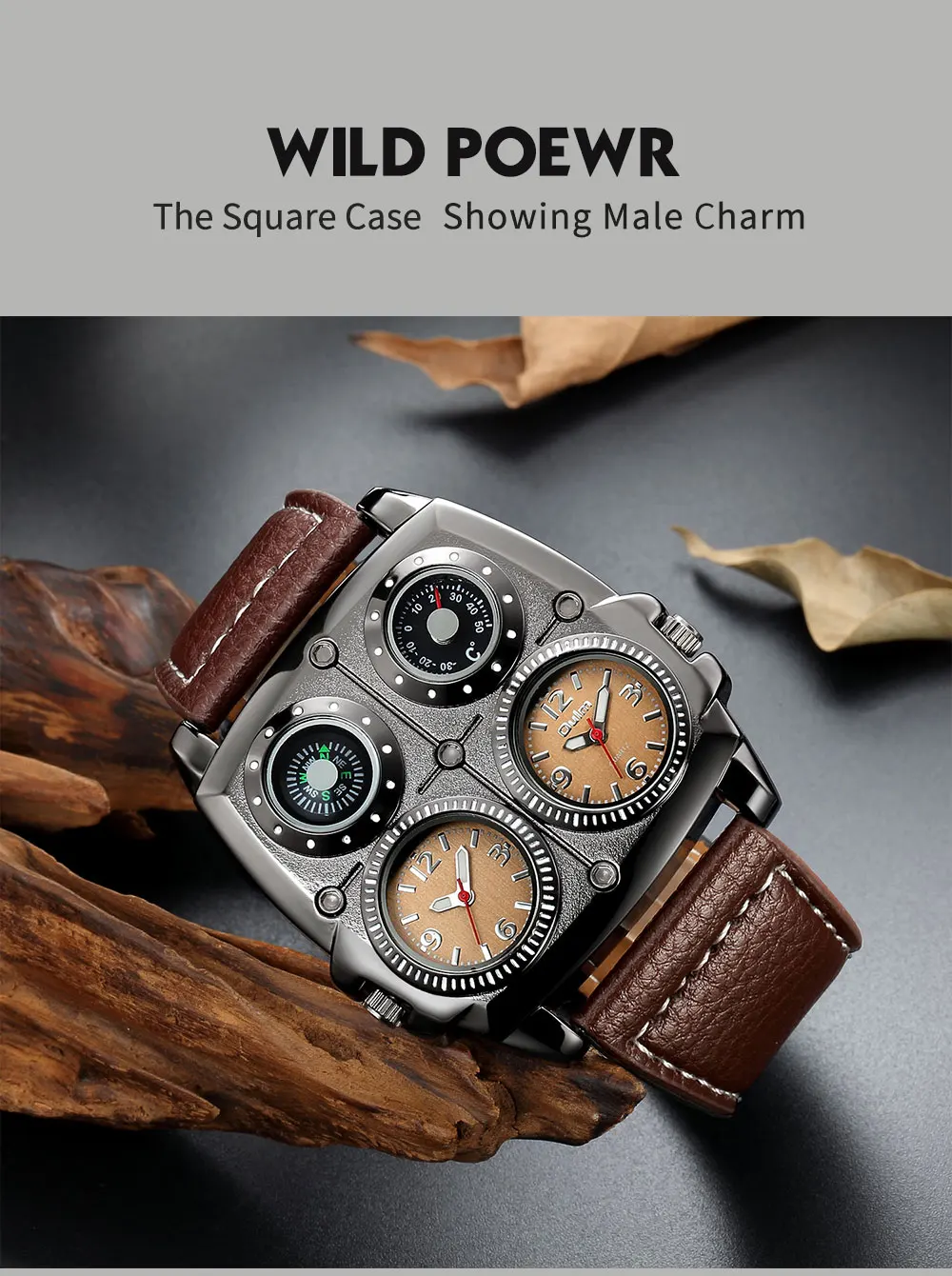 Oulm Men's Watches Two Time Zone Army Pilot Style Watch Big Size Military Quartz Clock Male Leather Strap Wristwatch
