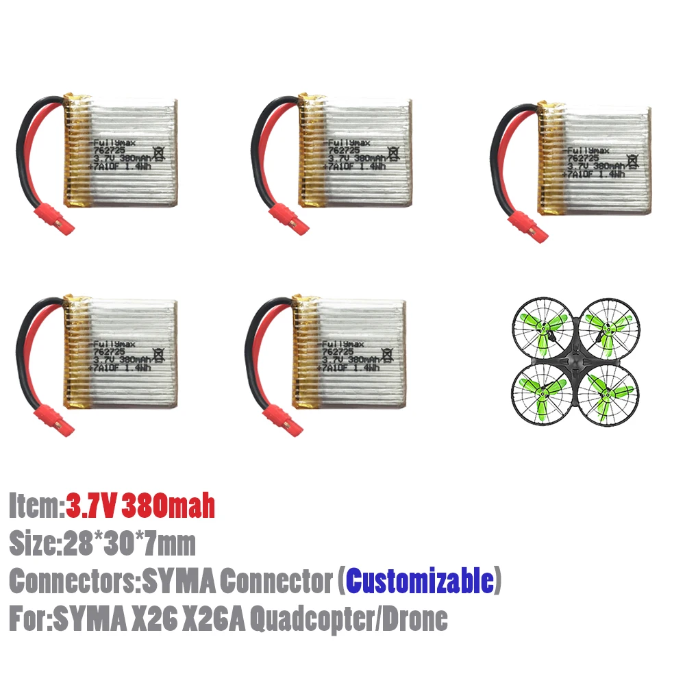 

5 шт./лот 3.7V380mah 1.4Wh литий-полимерный аккумулятор по индивидуальному заказу разъемы для Syma X26 X26A мини-Квадрокоптер Дрон DIY часть игрушки