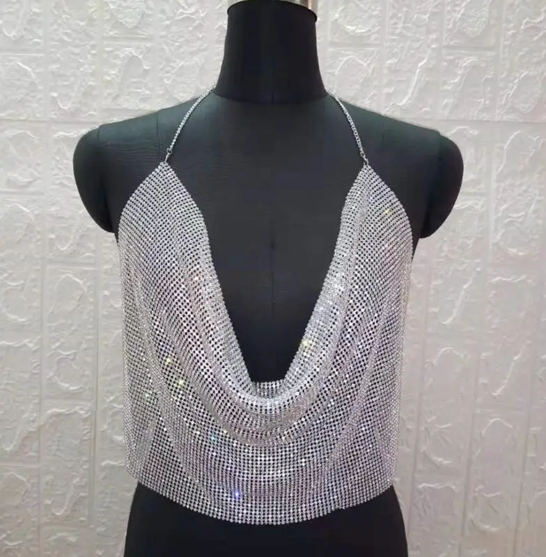 Silver Gold Full Stones Glisten Top Sexy Costume Women Singer Dance Backless Outfit Birthday Evening Prom Show Wear