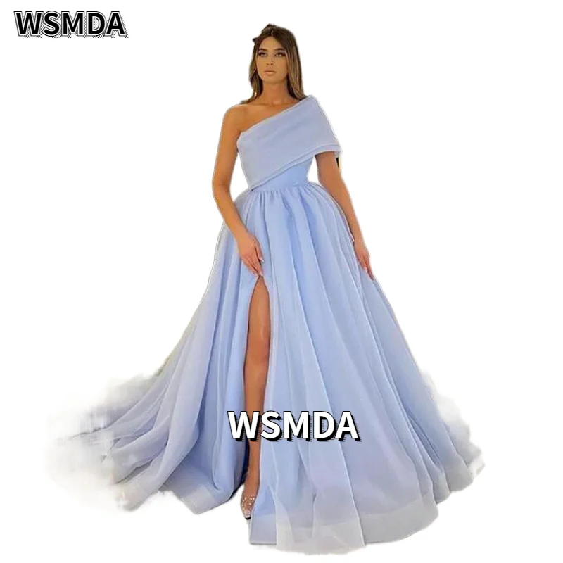 Vestidos de Noche formales de Organza, color azul cielo, un hombro, abertura lateral, Vestido largo de tul, corte en A, para fiesta y graduación