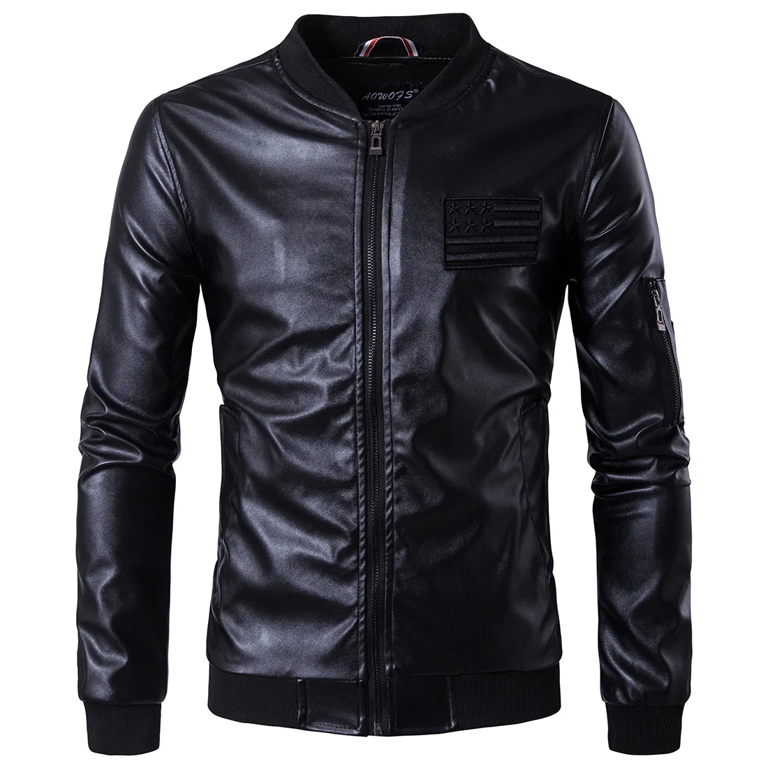 EUR Size Nice Spring Wear Men's Wear PU Leather Jackets Locomotive Vertical Collar High-end Leather Garment Oversized Embroidery