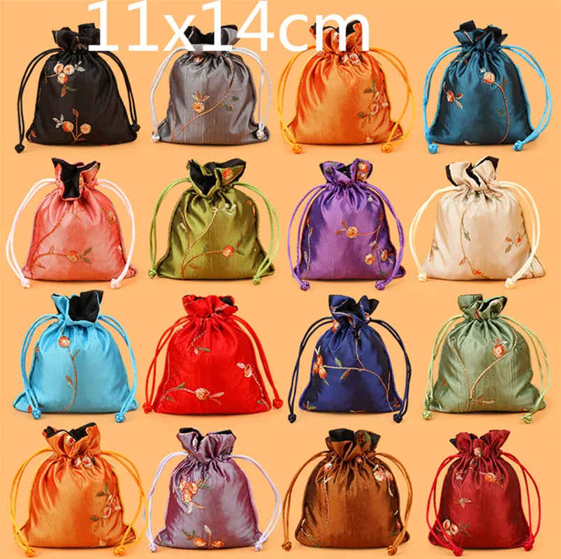 3pcs Small Embroidered Satin Drawstring Gift Bag Wedding Party Candy Favor Women Packaging Silk Jewelry Pouches