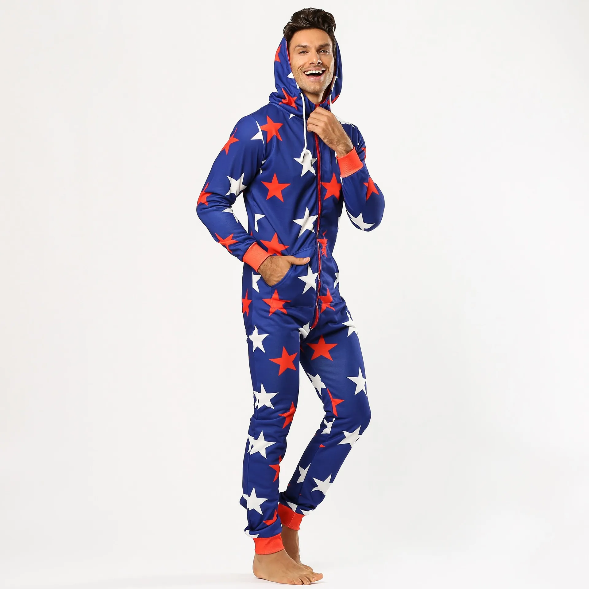 Men Warm Onesie Five-pointed Star Print Sleep Lounge Adult Sleepwear One Piece Pyjamas Male Jumpsuits Hooded Onesies