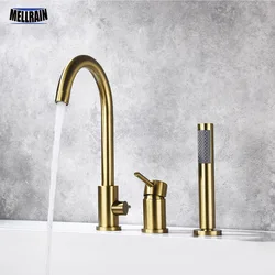 3 Holes Deck Mount Bathtub Faucet 100% Brass Pull Out Shower Faucet Bath Tub Hot & Cold Mixer Water Tap