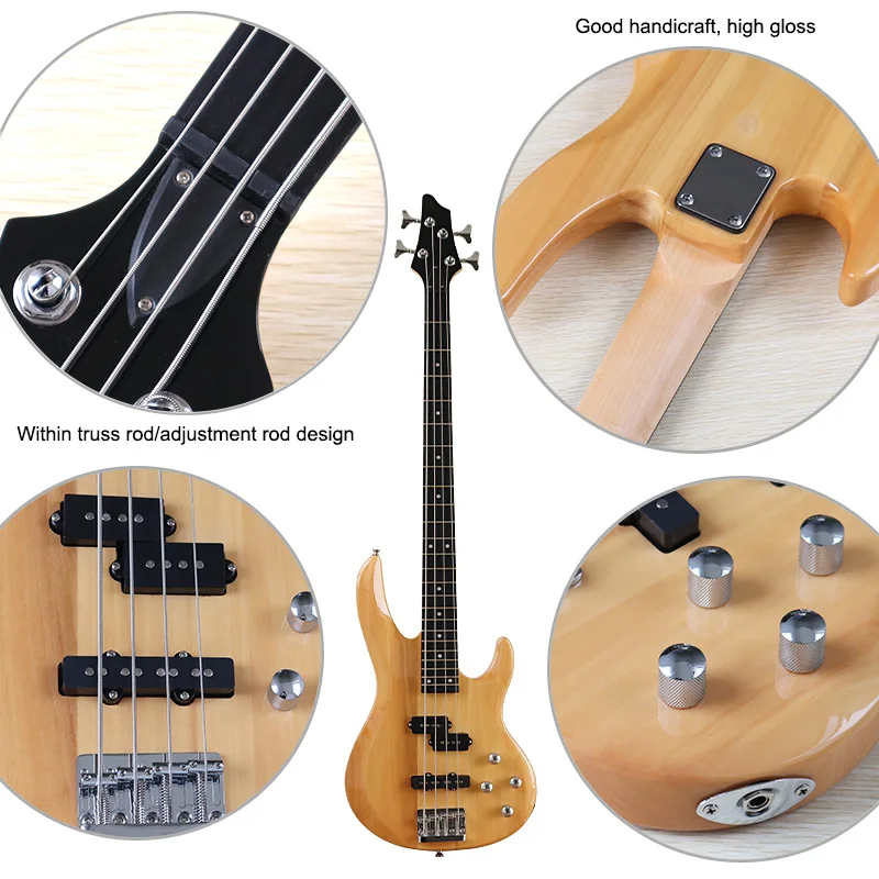 4 Strings Bass Guitar Electric Bass Guitar Okoume Body 43 Inch Wood Guitar Natural Color with Free Bass Bag High Gloss Finish