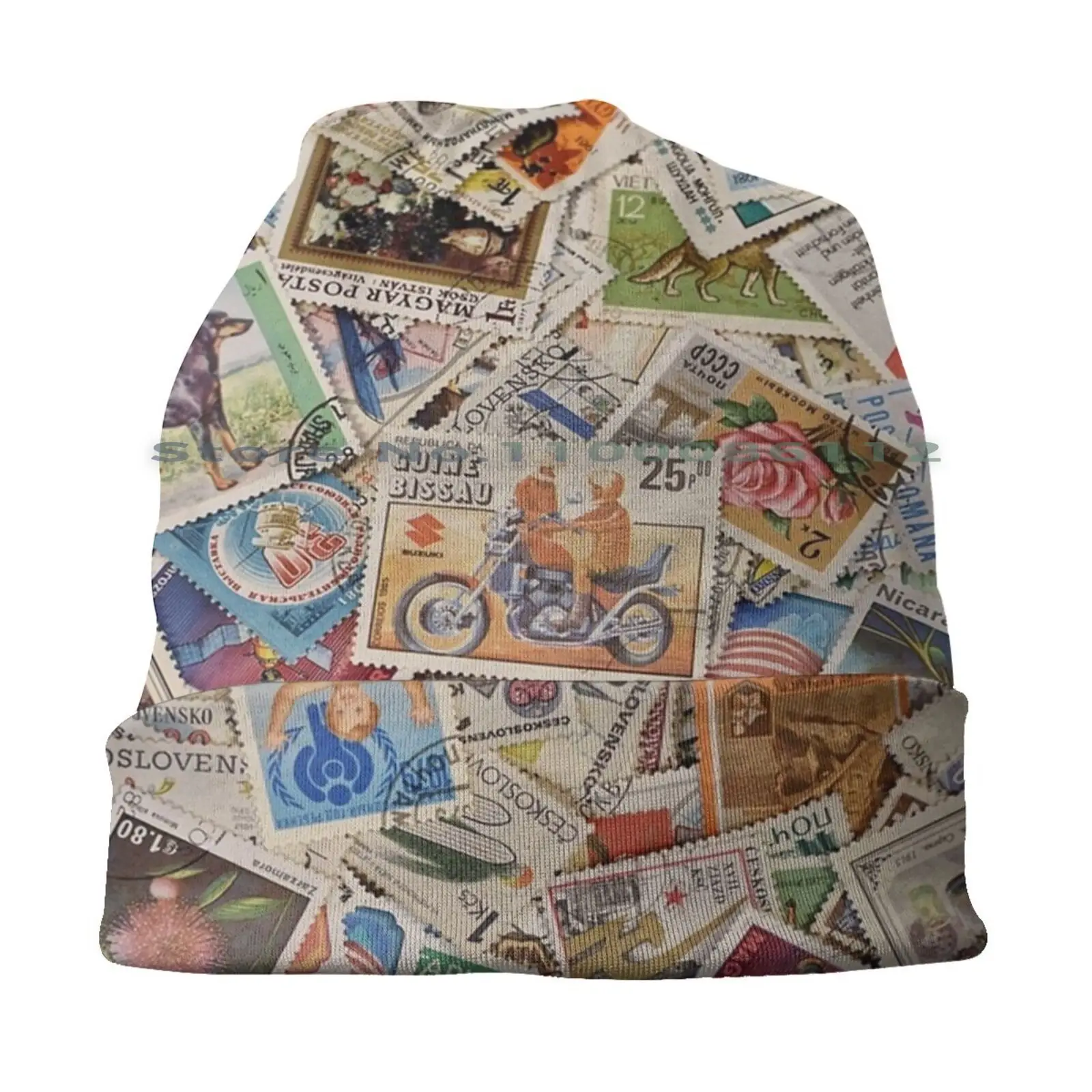 Stamp Collection Beanies Knit Hat Colored Collection Mail Letter Postage Stamp Vintage Retro Cool Patterns Awesome Fashion