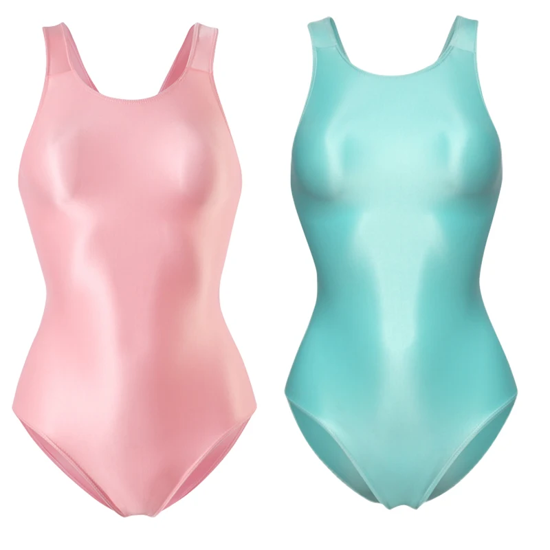 Sexy Glitter Shiny women one-piece crotchless see through swimsuit Oily Tight Backless plus size bathing suits High-Cut Bodysuit