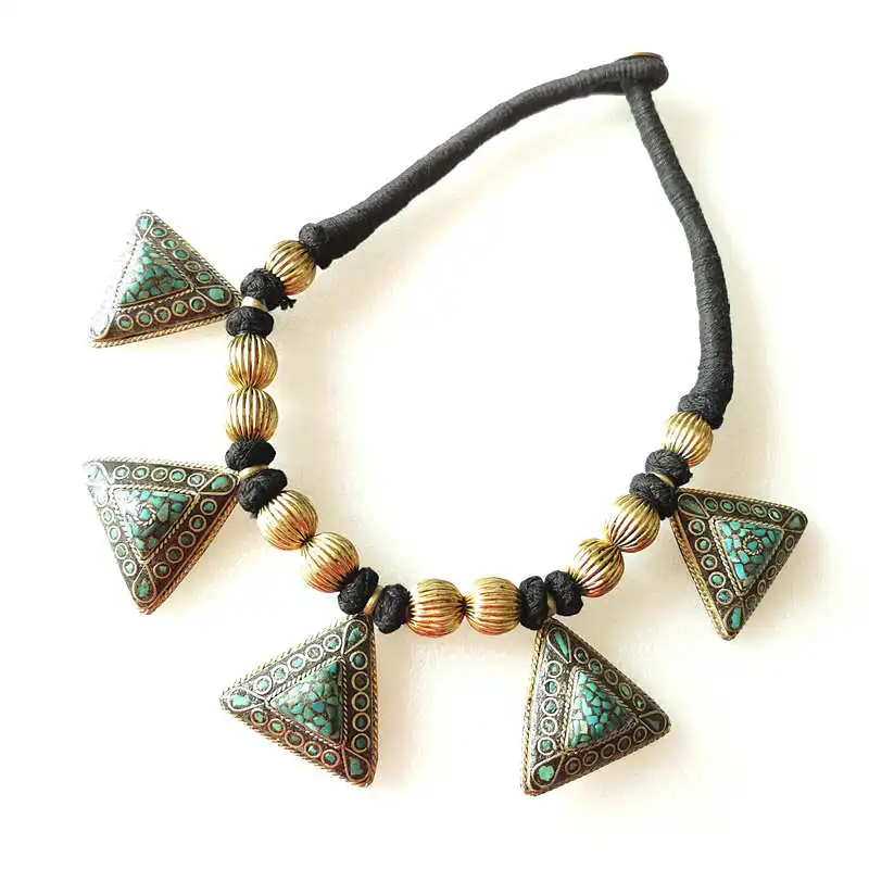 Tibetan Necklace Brass Inlaid Ching Stone Multi Statement Necklace TNL299