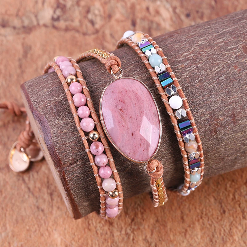 

Leather Wrapped Bracelet Stone Multicolor Natural Bead Tiger Bard Weaving Presentation Art Bracelet Gift