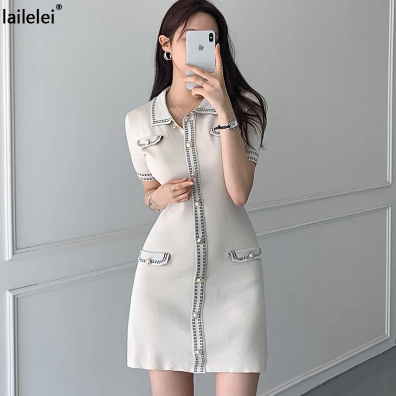 Turn-down Collar Knitted button mini dress sexy summer 2021 short Sleeve robe dresses vintage Sheath  jurk women