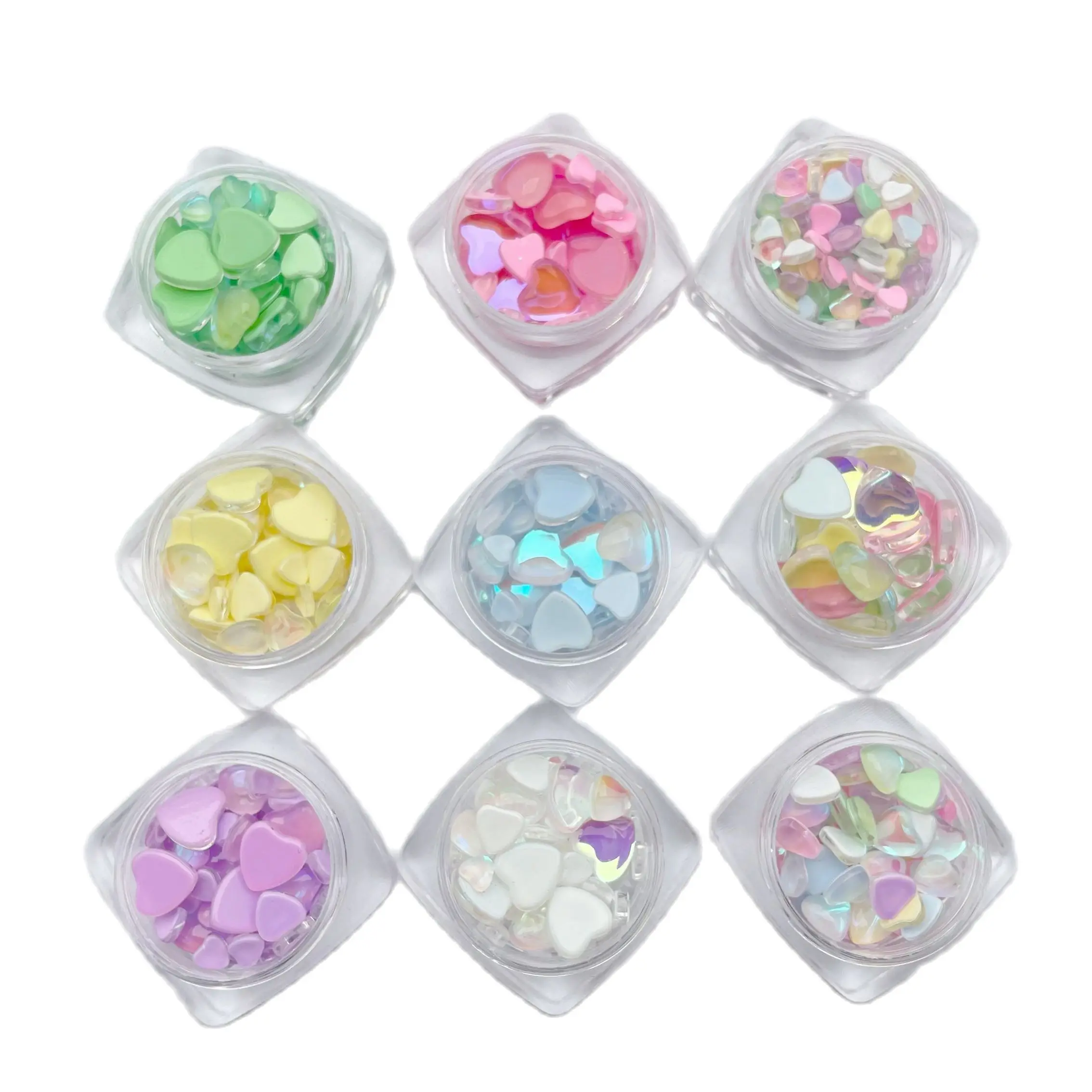 New Glass Mocha Flatback Glossy Heart-Shaped 3D Nail Art Rhinestone Decoration Small Square Box Mixed Size Packaging