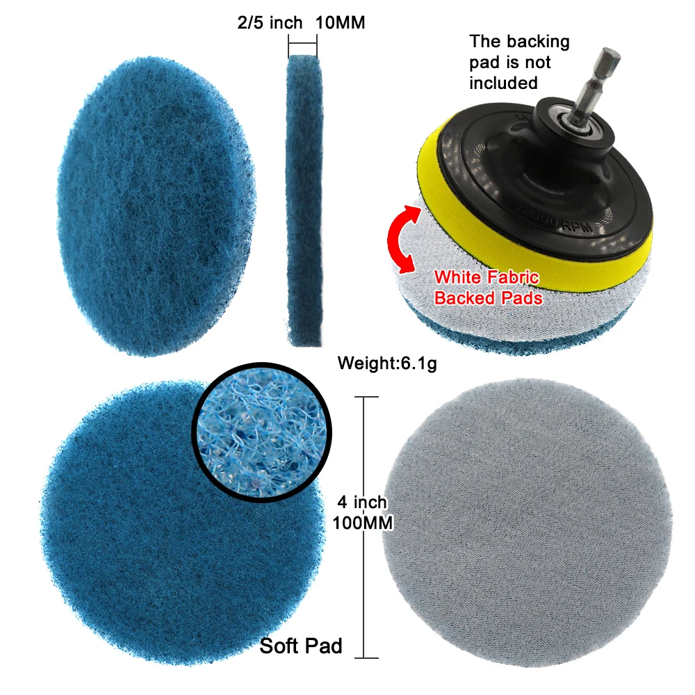 Blue Color 4-inch Power Scrub Pads for Drill Polish Scouring Pad Hook & Loop Car Cleaning