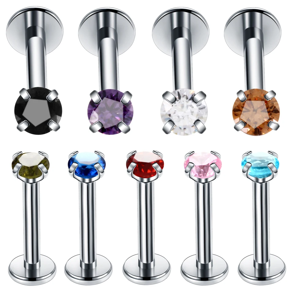 1PC Colorful Labret Lip Ring Zircon Internally Threaded Prong Gem 16G Tragus Helix Ear Piercings Earring Cartilage Women Jewelry