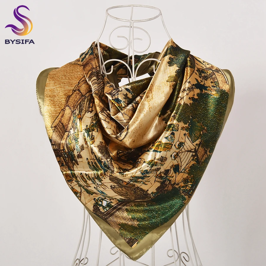 BYSIFA| Winter Ladies Coffee Green Silk Scarf Hijab China Style Ancient painting Satin Square Scarves Fashion Muslim Head Scarf