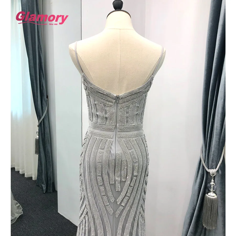 Silver Luxury Shiny Rhinestone ชุดเซ็กซี่เซ็กซี่ Bodycon สปาเก็ตตี้พรหมทรัมเป็ต Mermaid ชุดราตรี