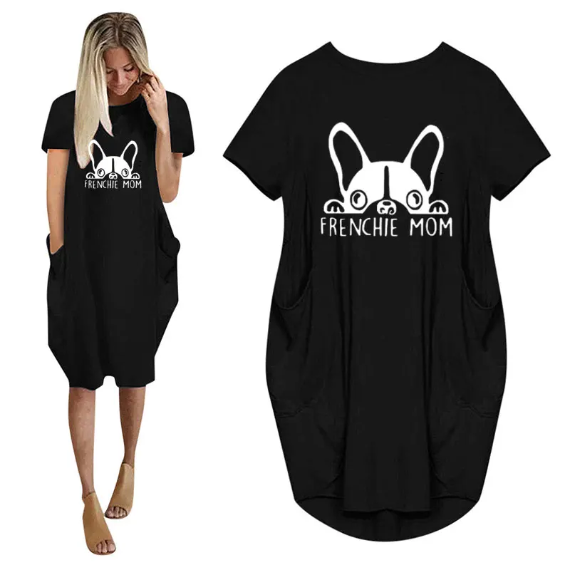 Robe ample avec poche pour maman, décontractée, bouledogue français, mode dames, col rond, hauts longs, t-shirt féminin, été