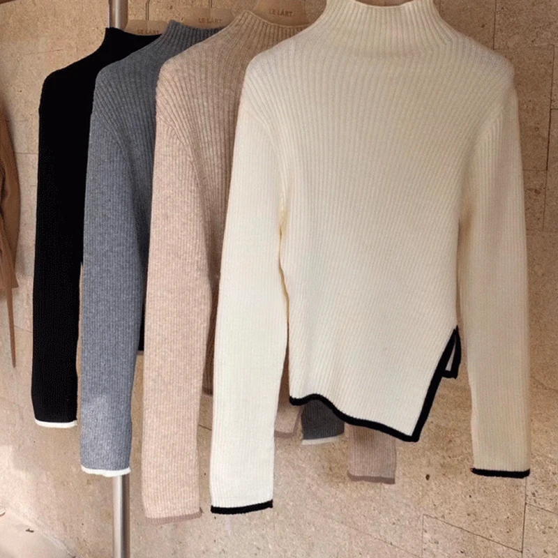 Turtle Neck Women Sweater 2021 Autumn Winter Casual Side Slit Pullover Tops Slim Korean Fashion Knit Sweaters Long Sleeve Basic