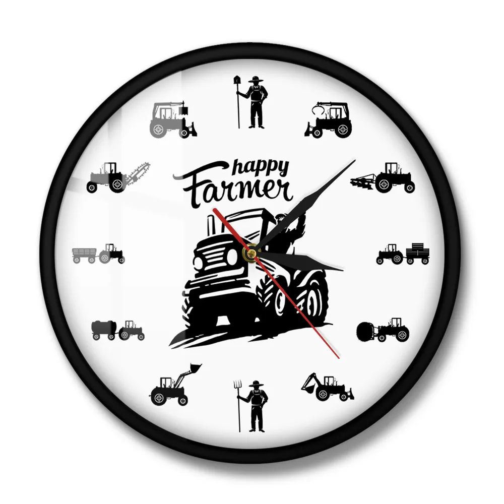 Happy Farmers Agricultural Machines Tractors Modern Wall Clock Farming Harvest Family Farmhouse Decor Farmer Tractor Lovers Gift