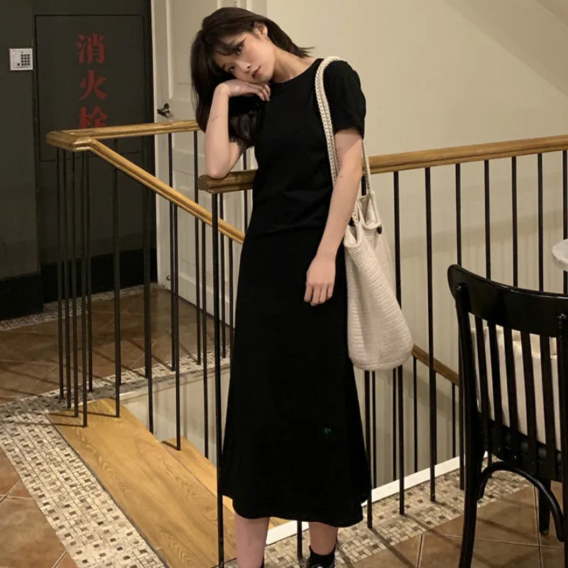 

Dress Women Solid Skinny Retro Simple Drawstring Summer Dresses Midi Dresses Chic Fashion Clothes Stylish Tunic Short Sleeve New