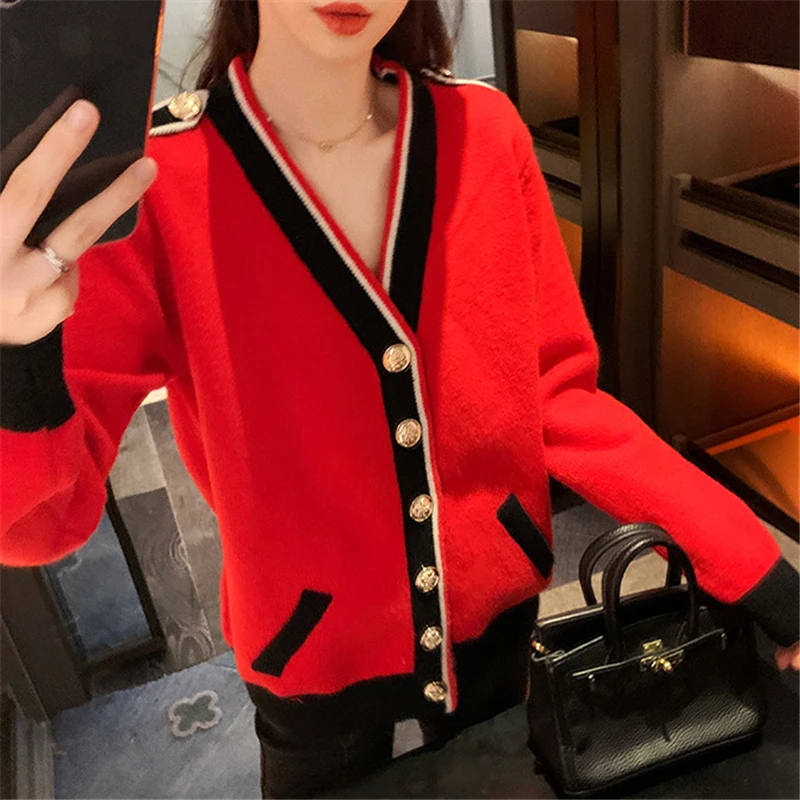 Contrasting Color Knitted Cardigan Women Loose Lazy Casual Red Sweater Coat V-neck Striped 2023 Autumn Winter Pockets Female