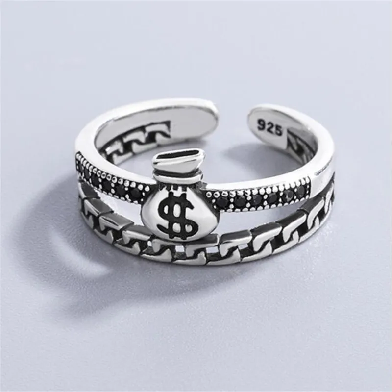 Fashion Creative Dollar Wallet 925 Sterling Silver Jewelry Personality Black Crystal Double-layer Exquisite Opening Rings TYB039