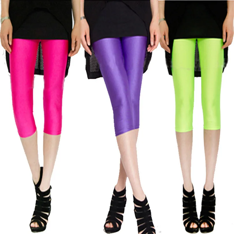 LJCUIYAO Women Capri Leggings Solid Color Fluorescent Shiny Pant Leggings Spandex Shinny Elasticity Casual Ankle-Length Trousers