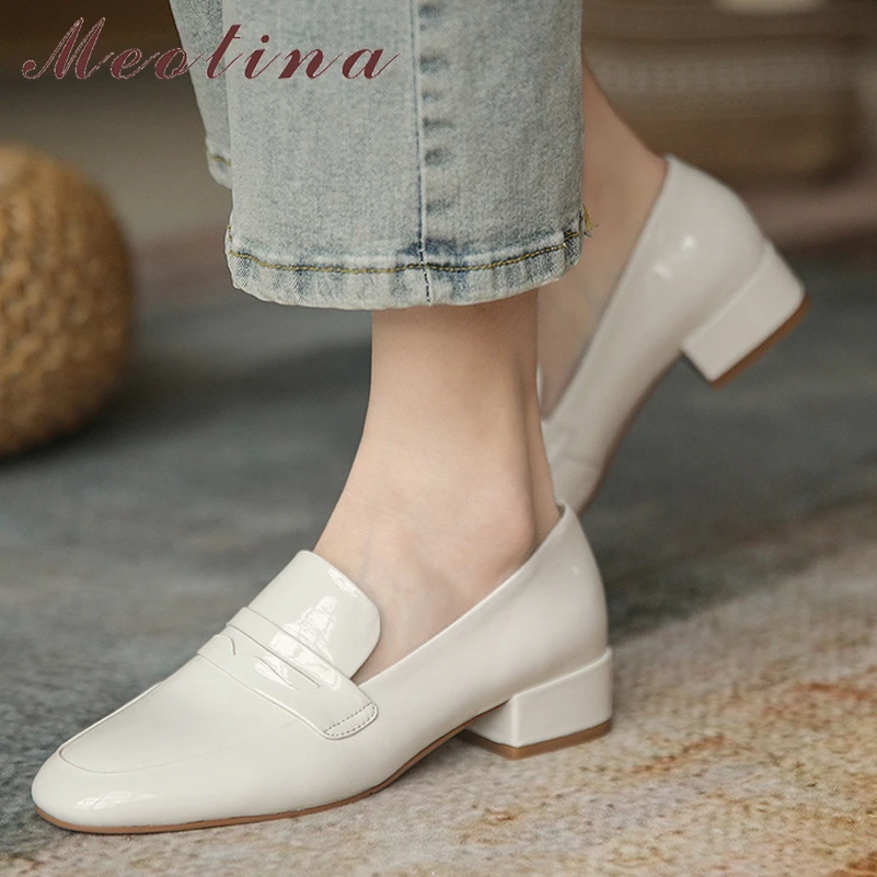 

Meotina Women Patent Leather Loafers Shoes Thick Heels Pumps Causal Square Toe Med Heel Ladies Footwear White Spring Autumn 40