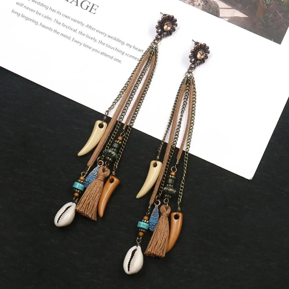 Women Fashion Bohemian Shell pendant Earrings Vintage Long Tassel Fringe Boho Dangle Earrings Morocco Turkish Earings Jewelry view 5