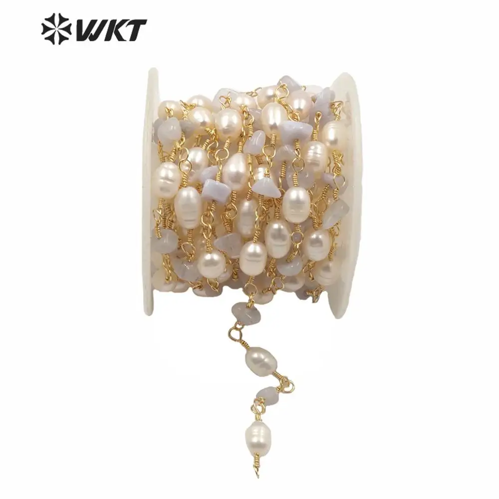 WT-RBC166 Fashion Gold Electroplated Non Tarnishable Pearl And Stone Mix Beads Rosary Chain Findings Lady Necklace