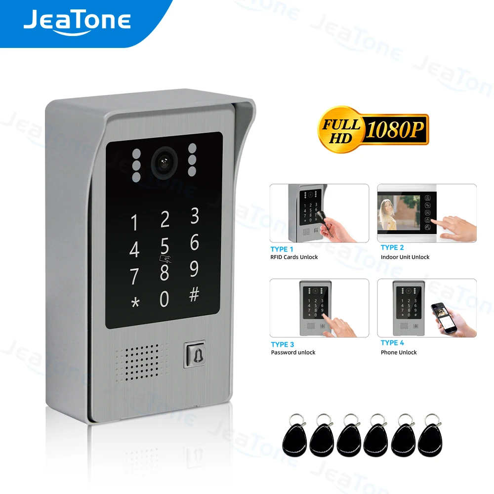 

JeaTone 1080P FHD Video Door Phone RFID Card Swiper, Password Keypad Outdoor Call Panel Station IR Night Vision Apartment Camera