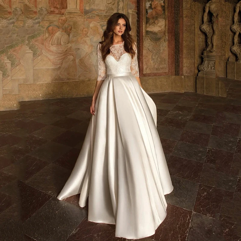 Iovry Satin Hochzeit Kleid Halbe Hülse Spitze Appliques Prinzessin Braut Kleider Lange Luxus Dubai Brautkleid Bodenlangen Anpassen