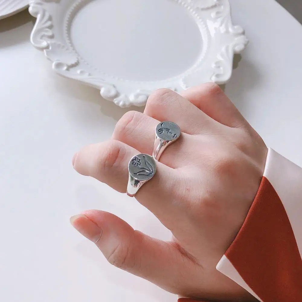 1PC minimalist Authentic S925 Sterling Silver Festival Jewelry Human Face Flower Ring Round Sculpture Band ring TLJ760