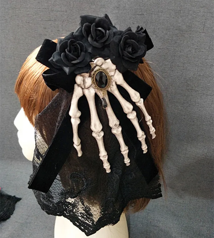 Handmade Hair Band Witch Skull Rose Headband Gothic Headwear Girl Prop Halloween Decoration Cosplay Party