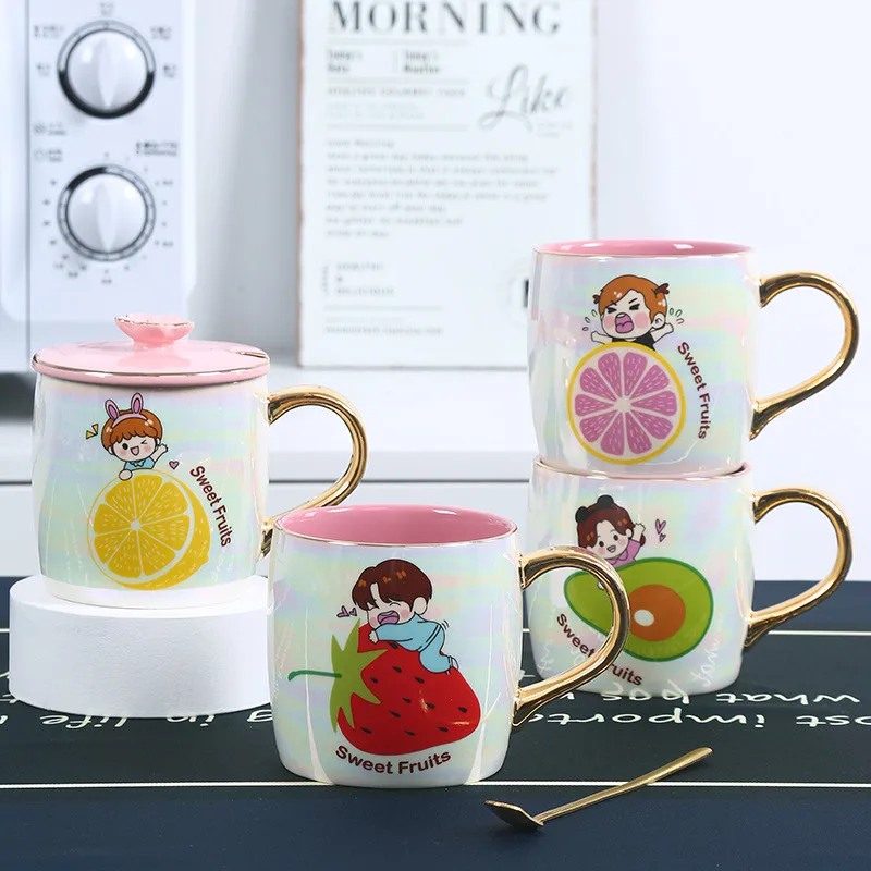 

350ml Cute Strawberry Ceramic Coffee Mug with Lid and Spoon Novelty Funny Fruits Cup for Tea Milk Cappuccino Water