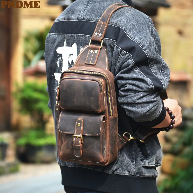 PNDME vintage crazy horse cowhide men\'s chest bag fashion outdoor daily travel natural genuine leather multi-pocket shoulder bag