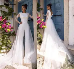 Robe de mariée bohème manches longues avec traîne détachable, vêtement de plage, modeste