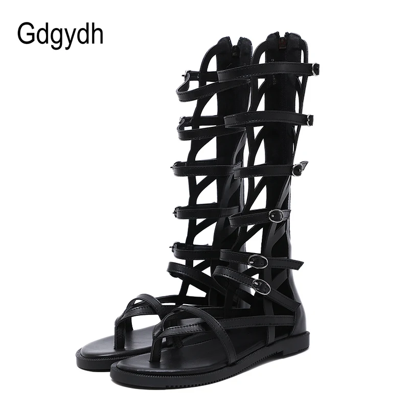 Gdgydh Fashion Buckle Gladiator Sandals Women Flat Sandals High Knee Flip Flops Female Summer Shoes With Zipper Black Leather