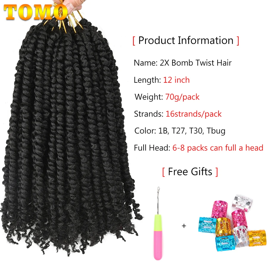 TOMO Bomb Twist Crochet Hair Spring Twist Crochet Braids 12 Roots Pre-looped Mini Passion Twist Synthetic Braiding Hair