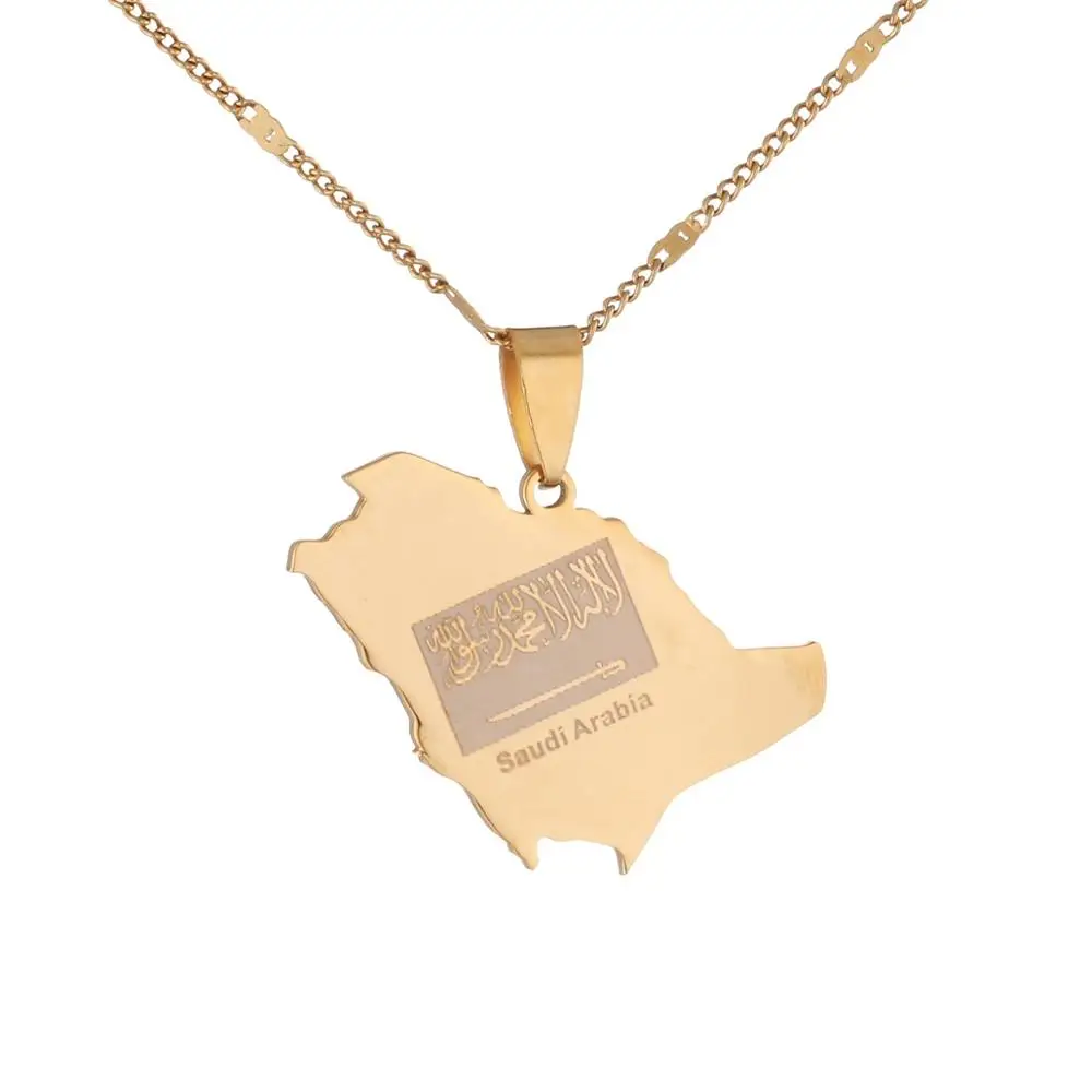 Stainless Steel Saudi Arabia Map Flag Pendant Necklace Kingdom of Saudi Arabia Jewelry