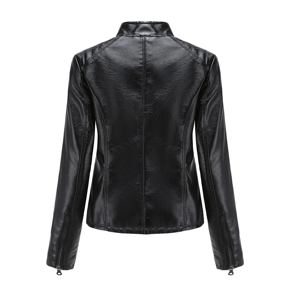 Spring New Casual Women Leather Jacket Stand Collar Slim Fit Short PU Leather Coat Solid Classic Female Outerwear